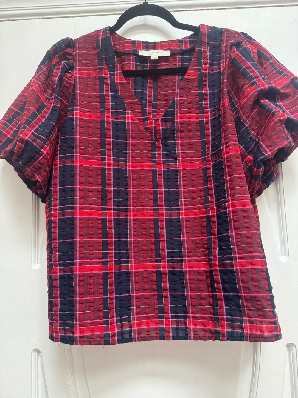 LOFT Red and Navy Plaid V-Neck Puff Sleeve Top